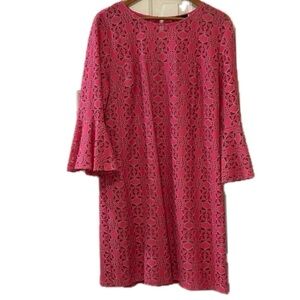 Trina Turk bright pink lace dress with bell sleeves. Fully lined. Size 14